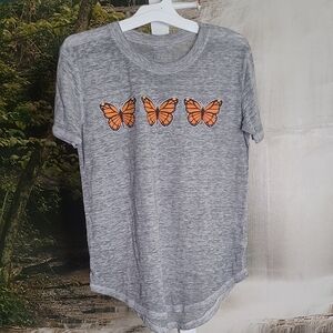 Womens Small Gray short sleeve TShirt Orange Monarch Butterfly Design